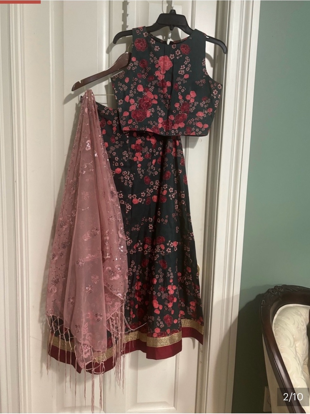 Florals Three Piece Green and Rose Women's Lehenga with Pink flowers Medium size